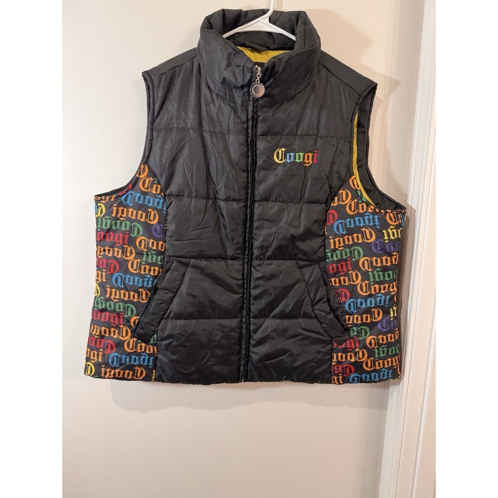 Coogi Women's 3X Quilted Black Puffer Vest Rainbow Spell Out Logo Full Zip